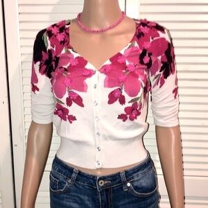 INC International Concepts White mini cardigan with Hot Pink Embellished flowers